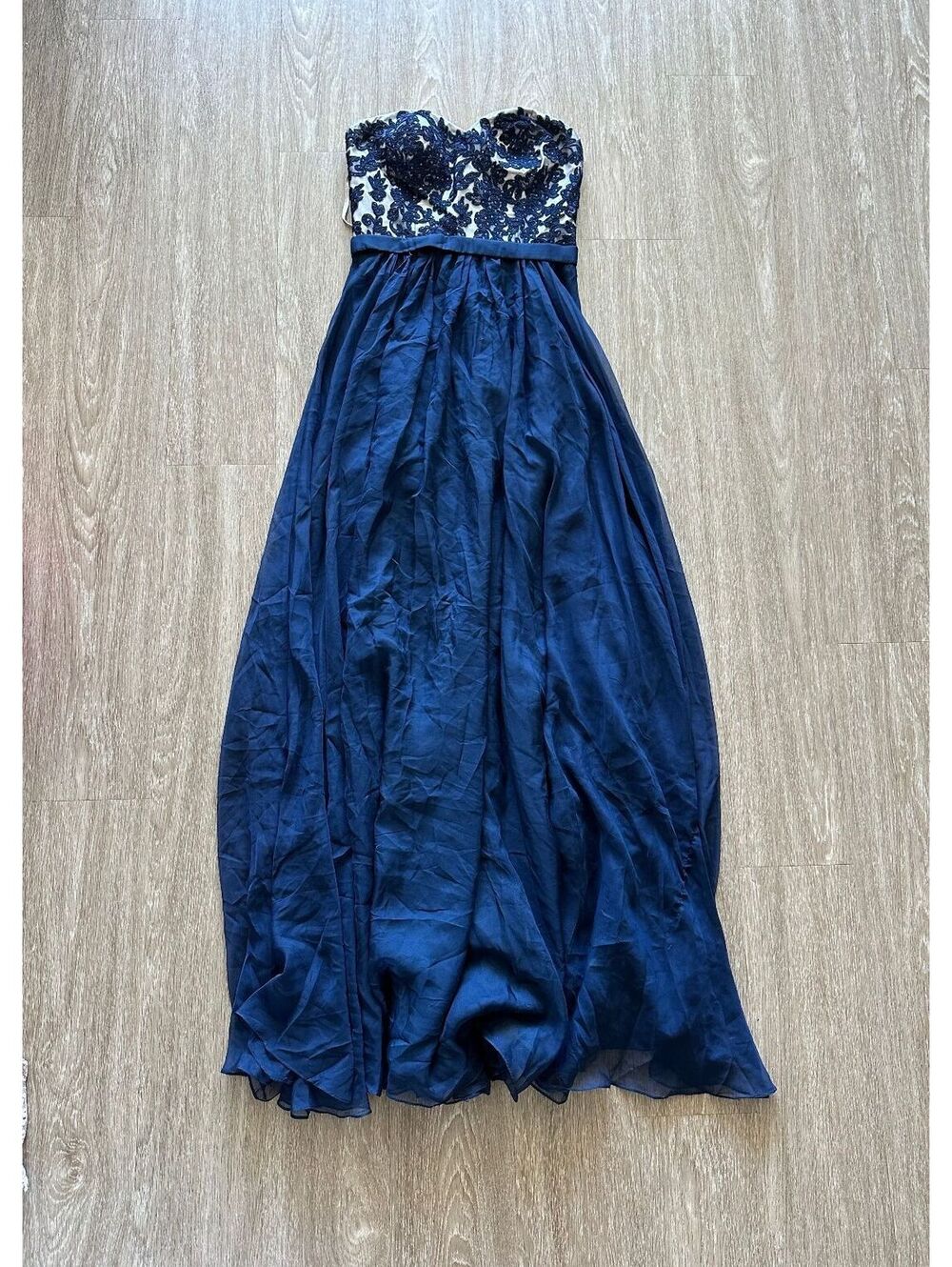 Women's navy strapless lace bodice formal dress